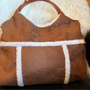 Brown Shearling Trim Shoulder Bags